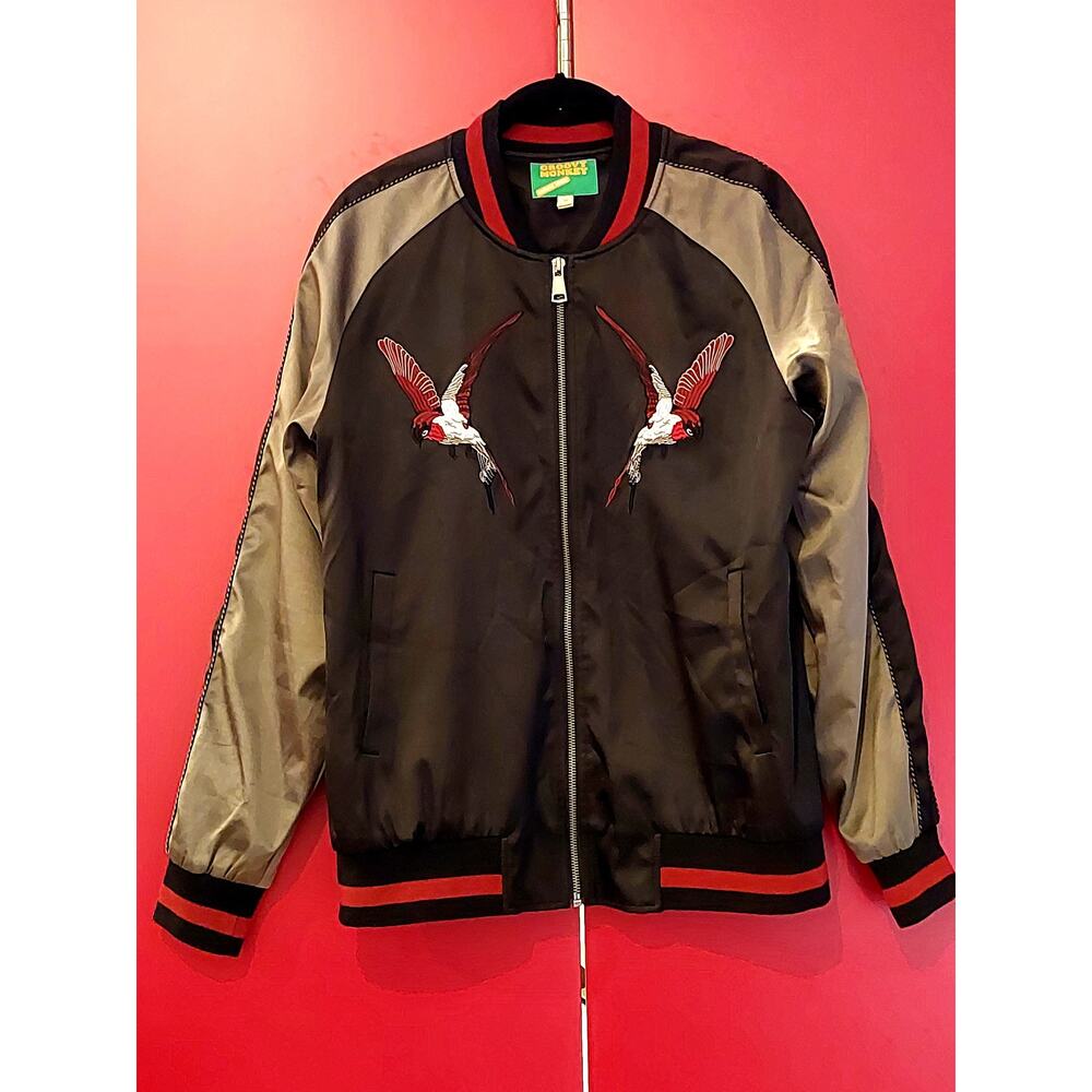 Groovy Monkey Black/Gray Satin Bomber Jacket w/Embroidered Hummingbirds, Medium